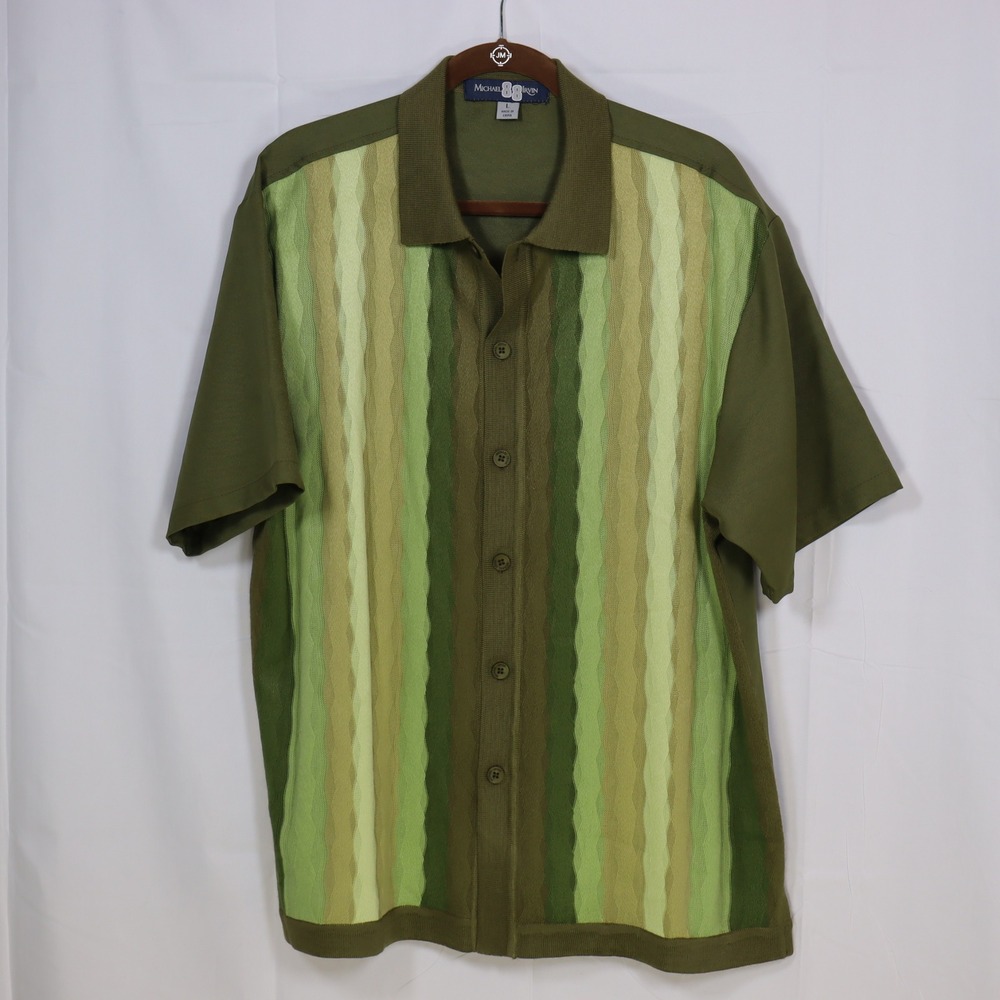 Michael Irvin Button Up Knit Shirt Mens Large Green Striped Wave Textured Retro